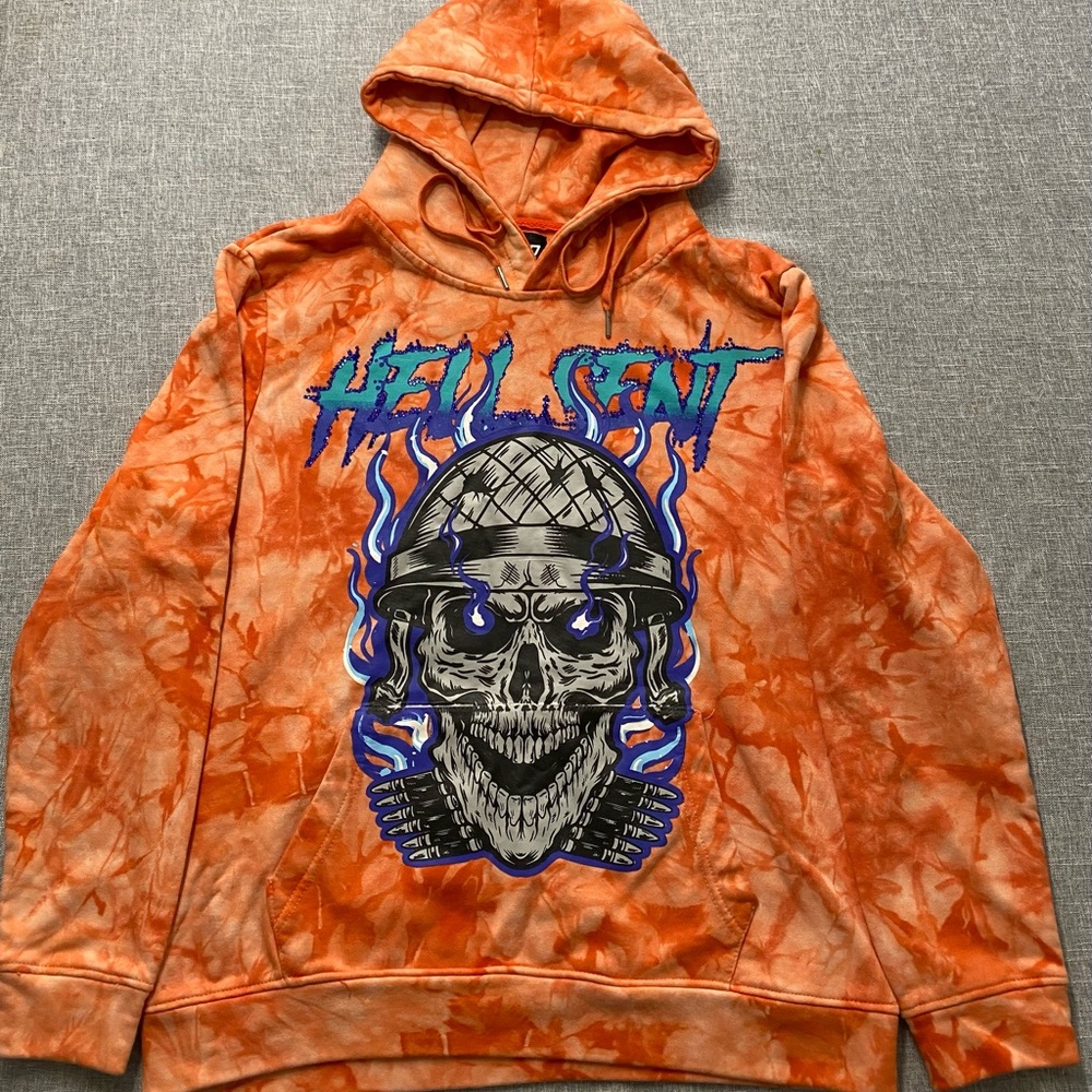 Orange Tie-Dye Hoodie with Skull Graphic Unisex - Hell Sent